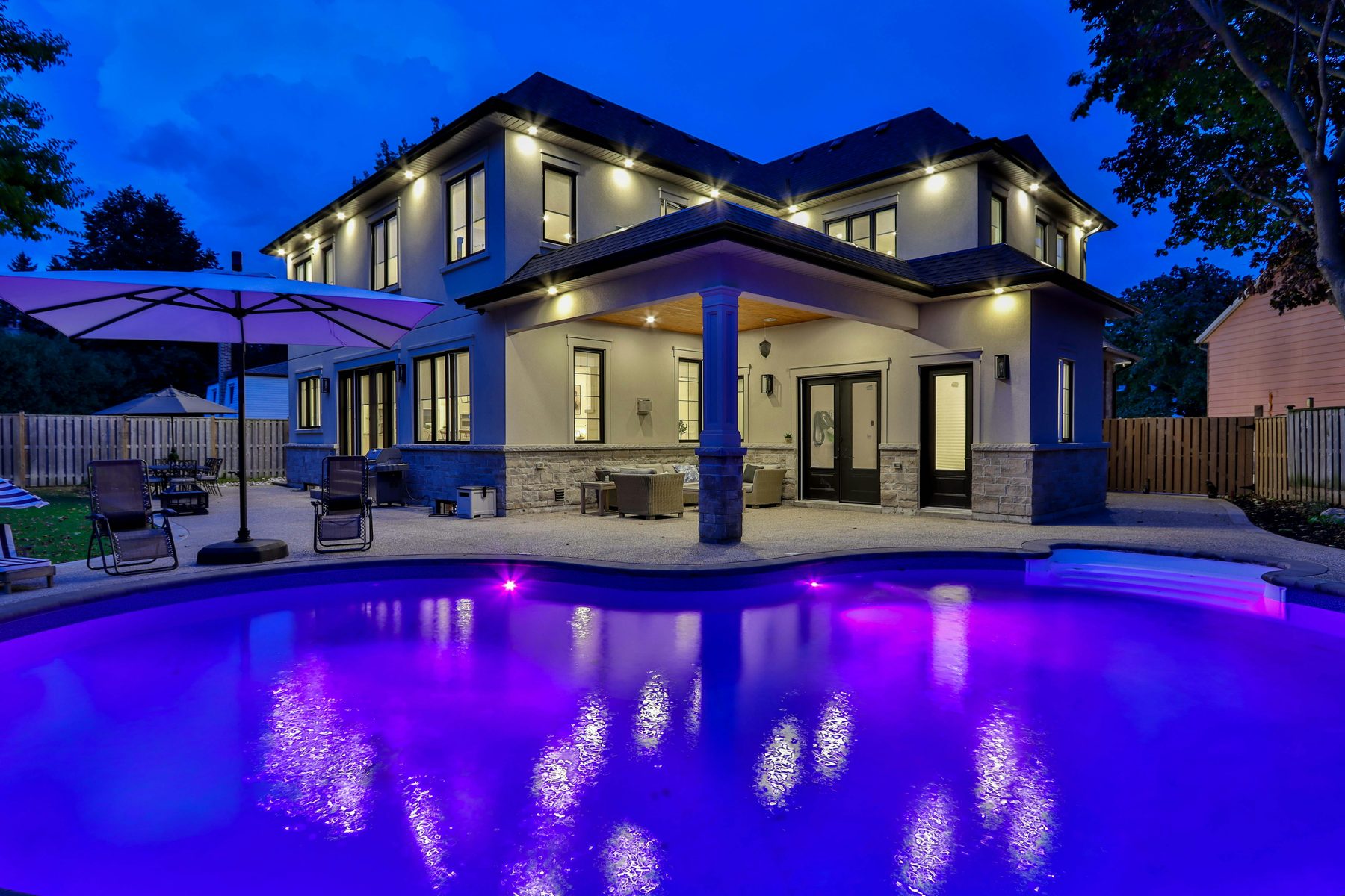 California pool and residence at twilight