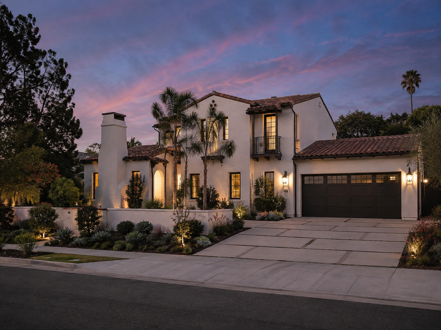Southern California Spanish-style home photographed at twilight