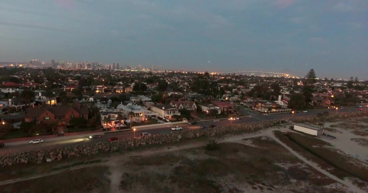 Aerial view of coastal homes in Coronado, California at dusk
